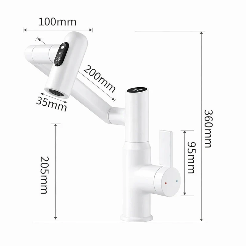 Robinet salle de bain lavabo affichage température numérique pivotant 3 jets - Blanc