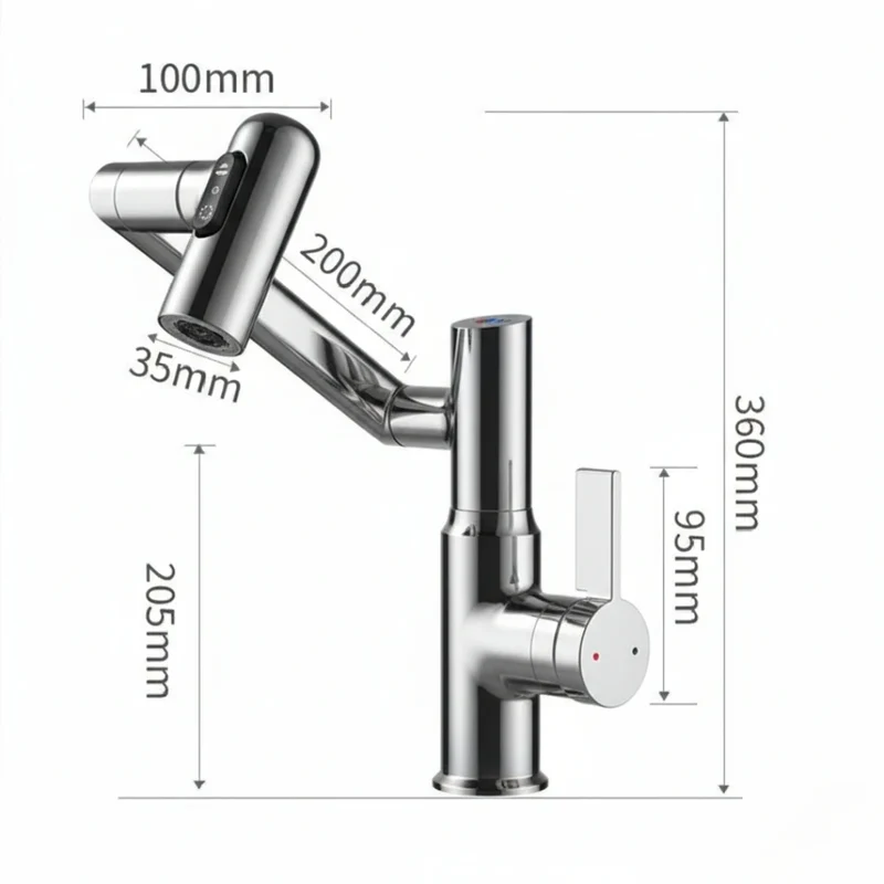 Robinet salle de bain lavabo affichage température numérique pivotant 3 jets - Argenté
