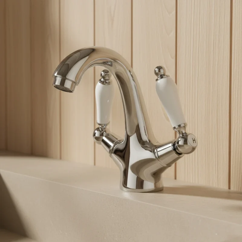 Robinet rétro lavabo deux poignées céramique - Argenté - Laiton