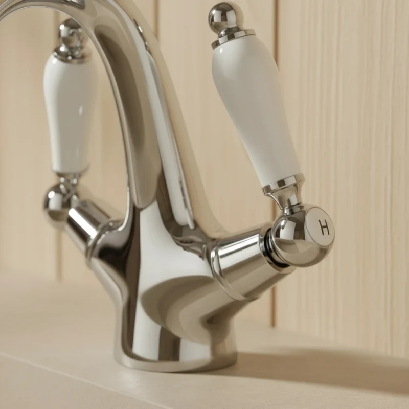 Robinet rétro lavabo deux poignées céramique - Argenté - Laiton