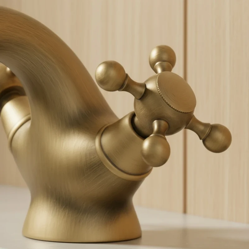 Robinet rétro lavabo deux poignées bec pivotant - Doré - Laiton