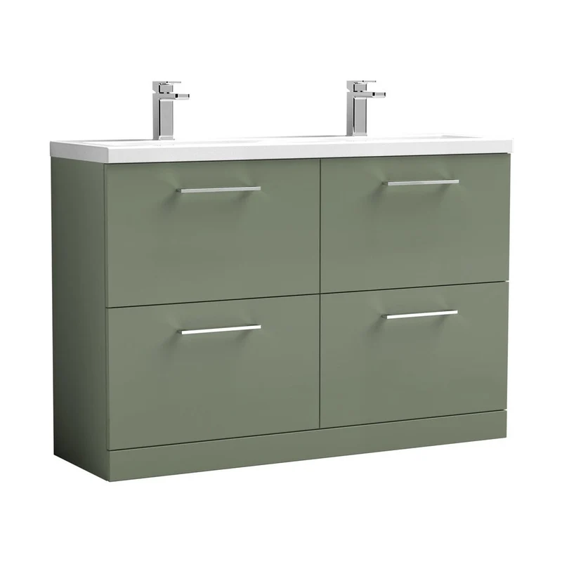 Nuie Arno 1200mm Floor Standing 4 Drawer Vanity & Double Basin Contemporary Satin Green MFC Painted Matt 840x1205x383mm - ARN833F
