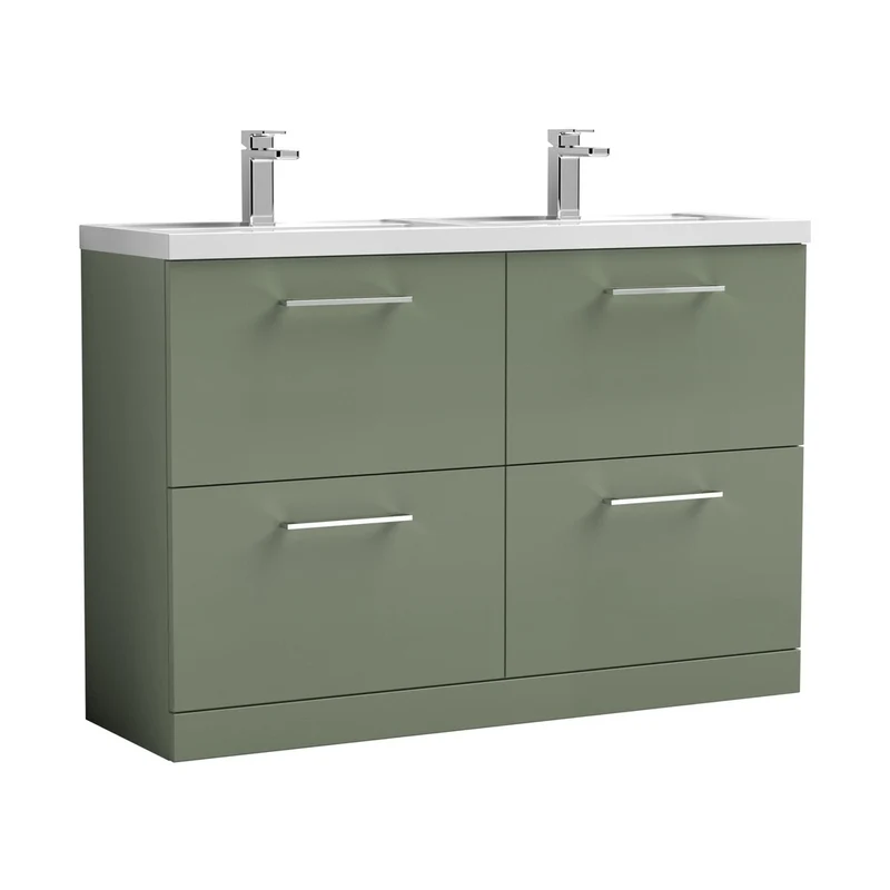 Nuie Arno 1200mm Floor Standing 4 Drawer Vanity & Double Basin Contemporary Satin Green MFC Painted Matt 840x1205x383mm - ARN833C