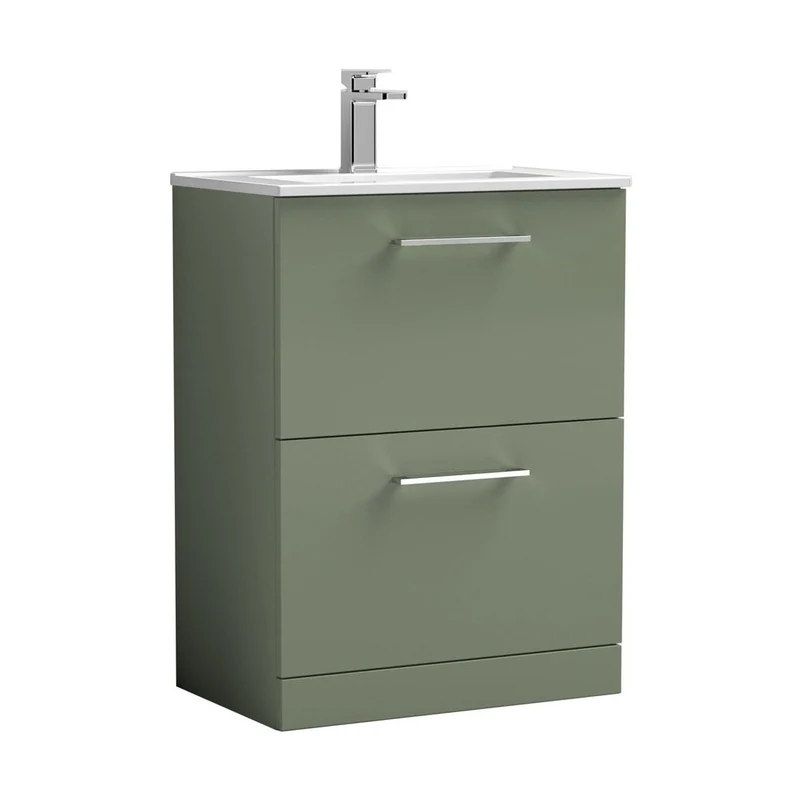 Nuie Arno 600mm Floor Standing 2 Drawer Vanity & Basin 2 Contemporary Satin Green MFC 818x600x390mm