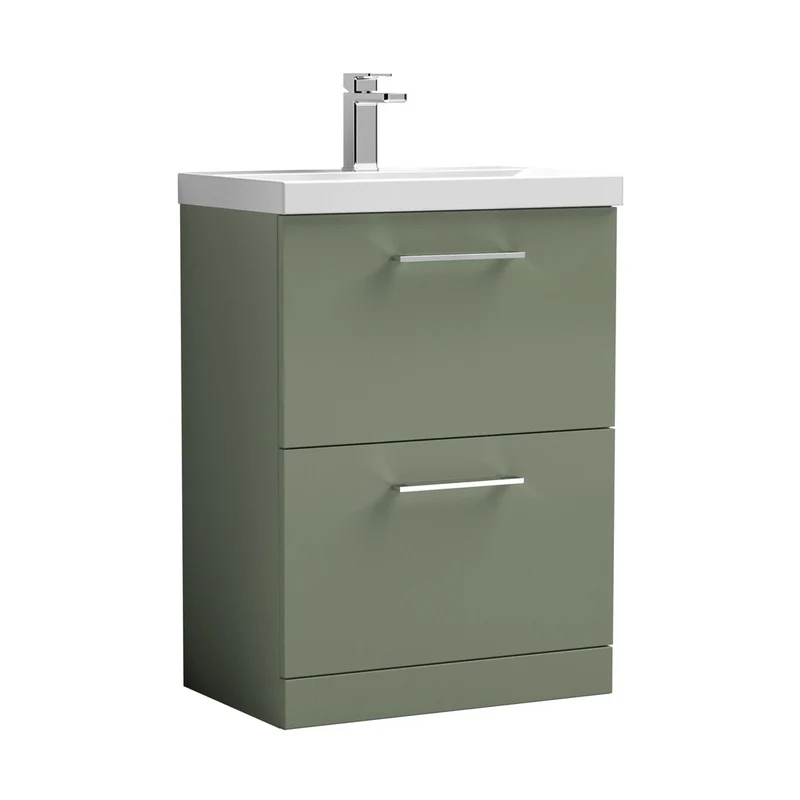 Nuie Arno 600mm Floor Standing 2 Drawer Vanity & Basin 1 Contemporary Satin Green MFC 840x610x390mm