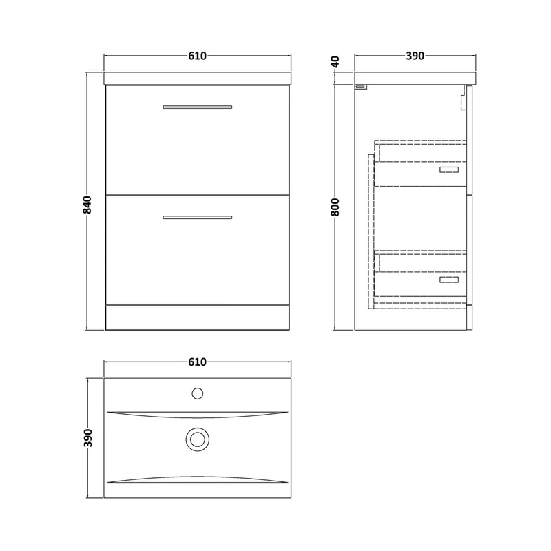 Nuie Arno 600mm Floor Standing 2 Drawer Vanity & Basin 1 Contemporary Satin Green MFC 840x610x390mm