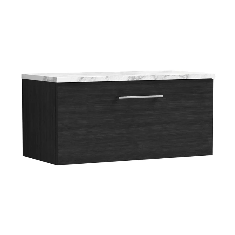 Nuie Arno 800mm Wall Hung 1-drawer Vanity & Laminate Worktop Contemporary Charcoal Black MFC Textured Woodgrain 381x805x390mm