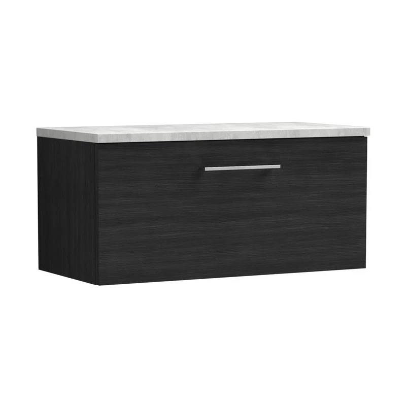 Nuie Arno 800mm Wall Hung Single Drawer Vanity & Laminate Top Contemporary Charcoal Black MFC Textured Woodgrain 381x805x390mm