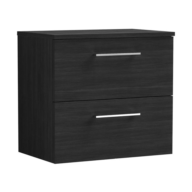 Nuie Arno 600mm Wall Hung 2 Drawer Vanity & Worktop Contemporary Charcoal Black MFC Textured Woodgrain 539x605x383mm