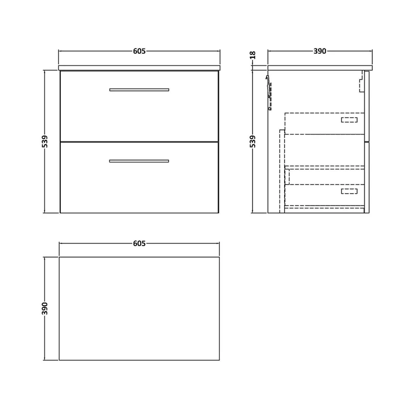Nuie Arno 600mm Wall Hung 2 Drawer Vanity & Worktop Contemporary Charcoal Black MFC Textured Woodgrain 539x605x383mm