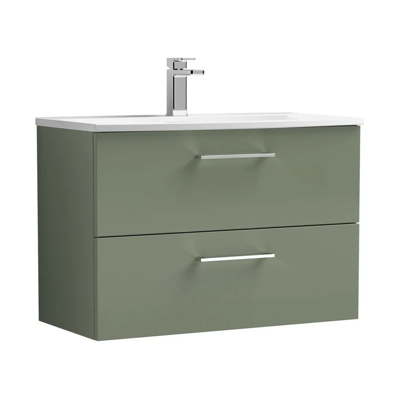 Nuie Arno 800mm Wall Hung 2 Drawer Vanity & Basin 4 Contemporary Satin Green MFC Painted Matt 570x810x440mm