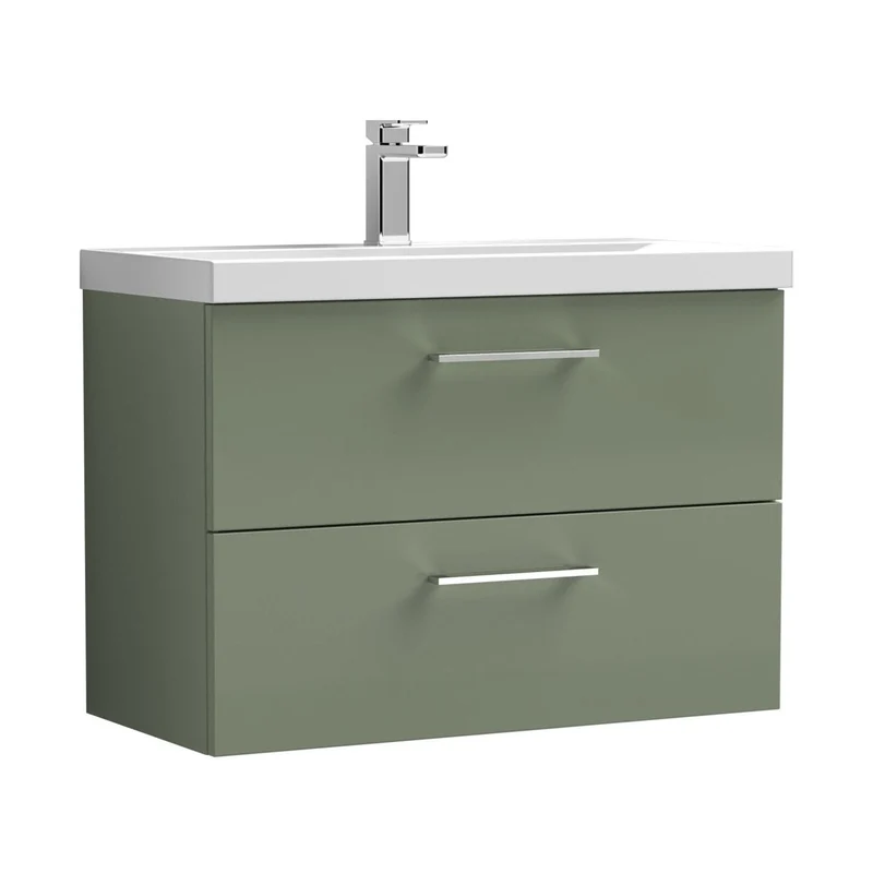 Nuie Arno 800mm Wall Hung 2 Drawer Vanity & Basin 3 Contemporary Satin Green MFC Painted Matt 589x810x395mm