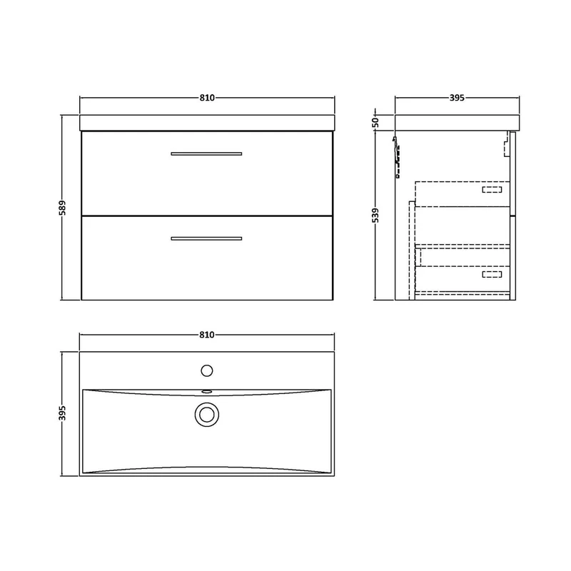 Nuie Arno 800mm Wall Hung 2 Drawer Vanity & Basin 3 Contemporary Satin Green MFC Painted Matt 589x810x395mm