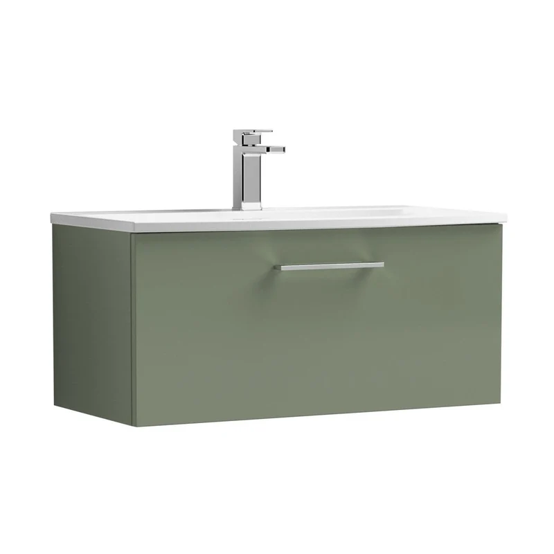 Nuie Arno 800mm Wall Hung 1 Drawer Vanity & Basin 4 Contemporary Satin Green MFC Painted Matt 389x810x440mm