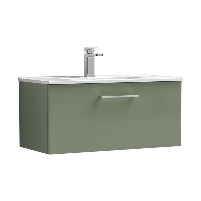 Nuie Arno 800mm Wall Hung 1 Drawer Vanity & Basin 2 Contemporary Satin Green MFC Painted Matt 377x800x390mm