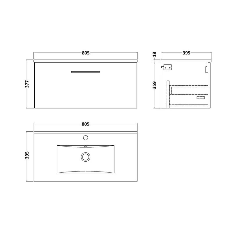 Nuie Arno 800mm Wall Hung 1 Drawer Vanity & Basin 2 Contemporary Satin Green MFC Painted Matt 377x800x390mm
