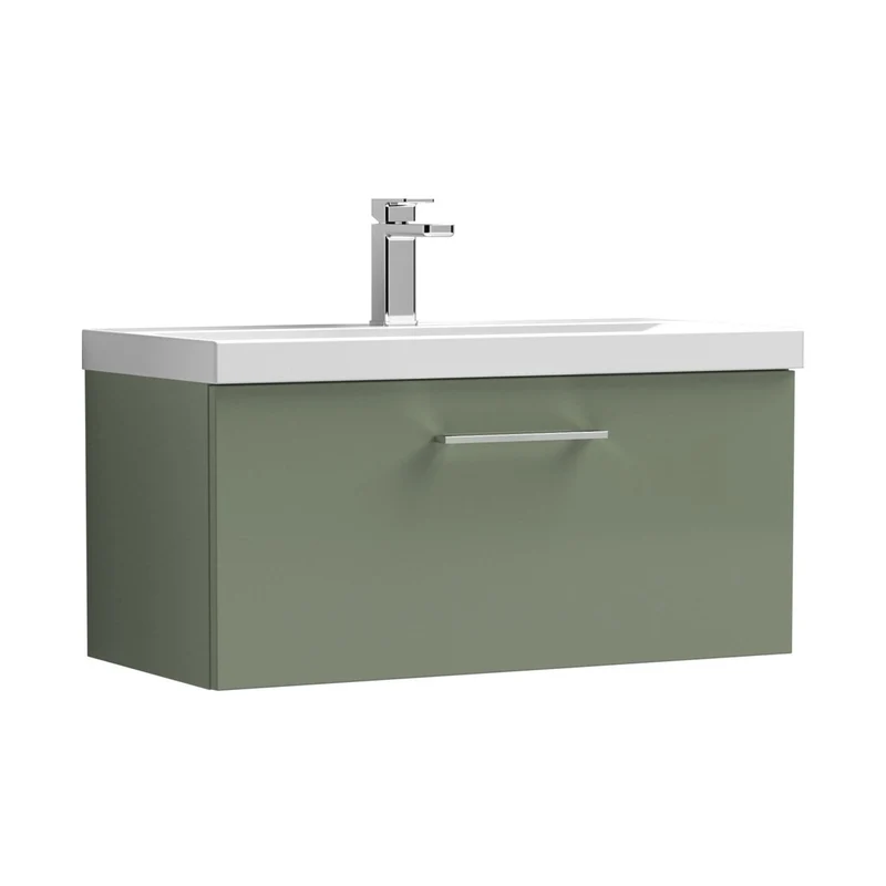 Nuie Arno 800mm Wall Hung 1 Drawer Vanity & Basin 1 Contemporary Satin Green MFC Painted Matt 399x810x390mm