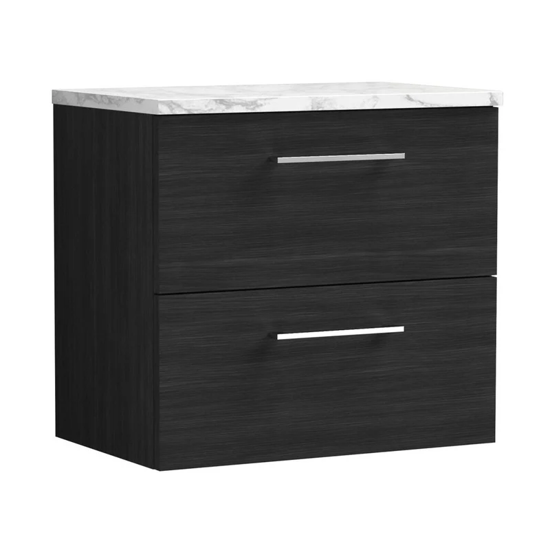 Nuie Arno 600mm Wall Hung 2-drawer Vanity & Laminate Worktop Contemporary Charcoal Black MFC Textured Woodgrain 562x605x390mm