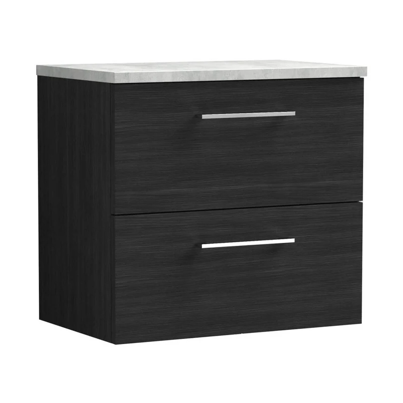 Nuie Arno 600mm Wall Hung 2 Drawer Vanity & Laminate Top Contemporary Charcoal Black MFC Textured Woodgrain 561x605x390mm