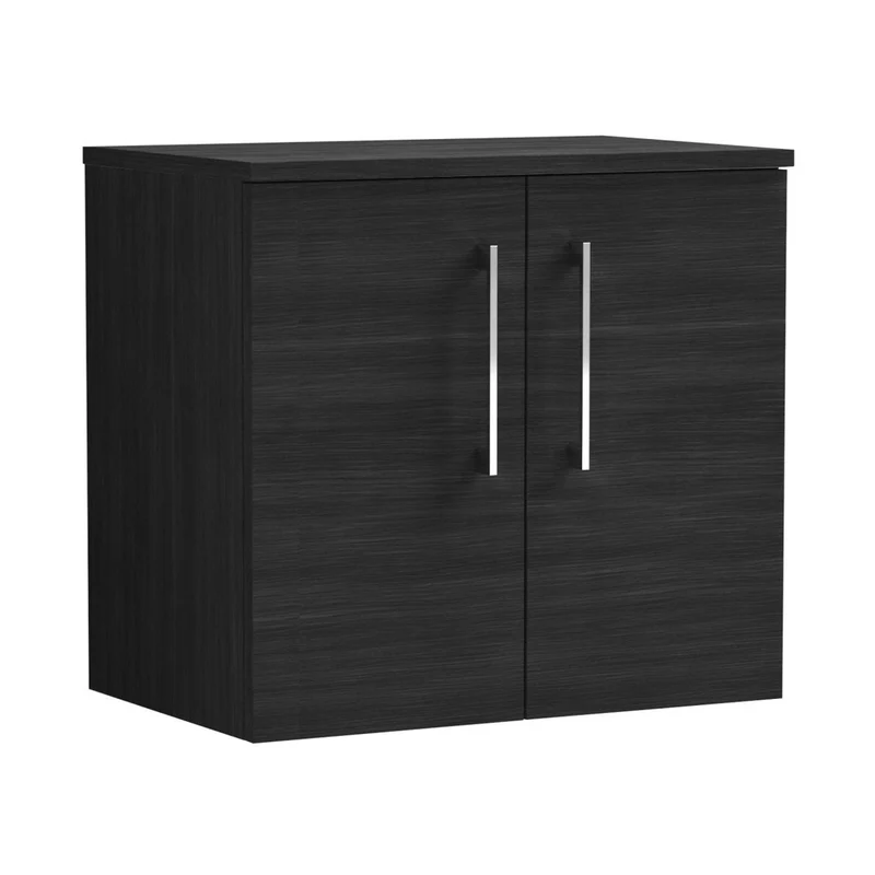 Nuie Arno 600mm Wall Hung 2 Door Vanity & Worktop Contemporary Charcoal Black MFC Textured Woodgrain 557x605x383mm