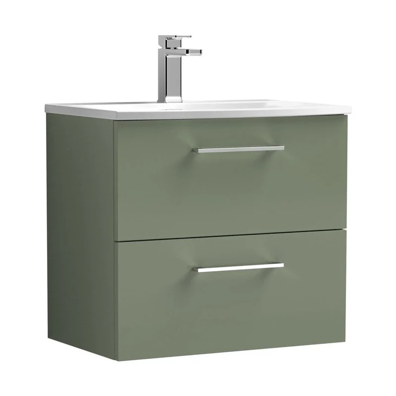 Nuie Arno 600mm Wall Hung 2 Drawer Vanity & Basin 4 Contemporary Satin Green MFC Painted Matt 570x610x440mm