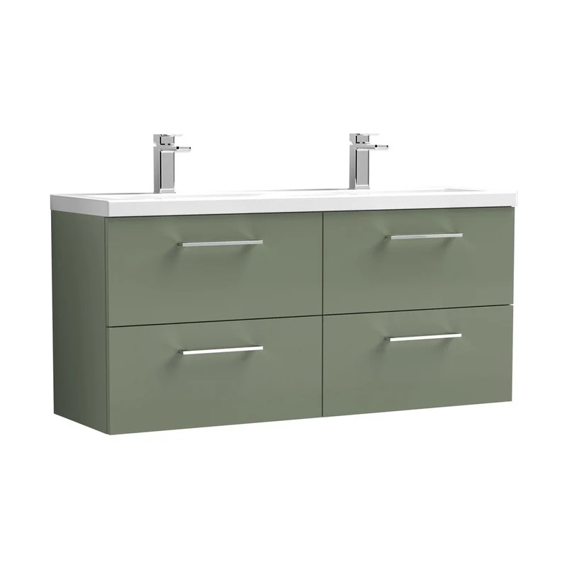 Nuie Arno 1200mm Wall Hung 4 Drawer Vanity & Double Basin Contemporary Satin Green MFC Painted Matt 561x1205x383mm - ARN824F