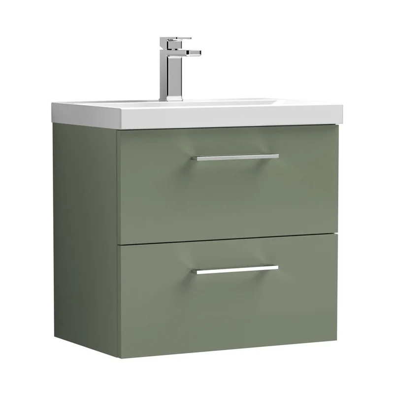 Nuie Arno 600mm Wall Hung 2 Drawer Vanity & Basin 3 Contemporary Satin Green MFC Painted Matt 589x610x395mm
