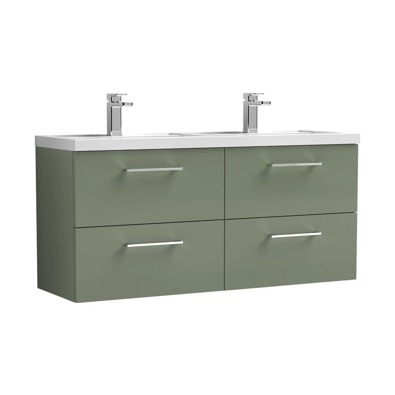 Nuie Arno 1200mm Wall Hung 4 Drawer Vanity & Double Basin Contemporary Satin Green MFC Painted Matt 561x1205x383mm - ARN824C