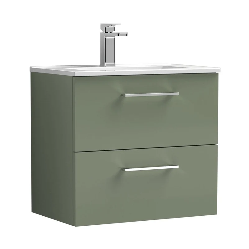 Nuie Arno 600mm Wall Hung 2 Drawer Vanity & Basin 2 Contemporary Satin Green MFC Painted Matt 557x600x390mm