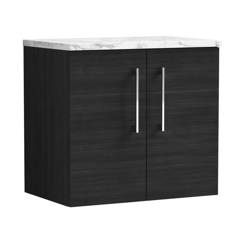 Nuie Arno 600mm Wall Hung 2-door Vanity & Laminate Worktop Contemporary Charcoal Black MFC Textured Woodgrain 562x605x390mm