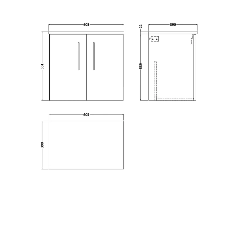 Nuie Arno 600mm Wall Hung 2-door Vanity & Laminate Worktop Contemporary Charcoal Black MFC Textured Woodgrain 562x605x390mm