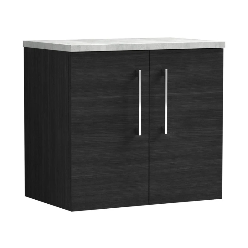 Nuie Arno 600mm Wall Hung 2 Door Vanity & Laminate Top Contemporary Charcoal Black MFC Textured Woodgrain 561x605x390mm