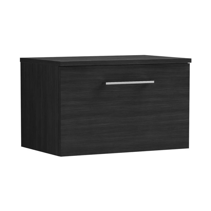 Nuie Arno 600mm Wall Hung 1 Drawer Vanity & Worktop Contemporary Charcoal Black MFC Textured Woodgrain 377x605x390mm