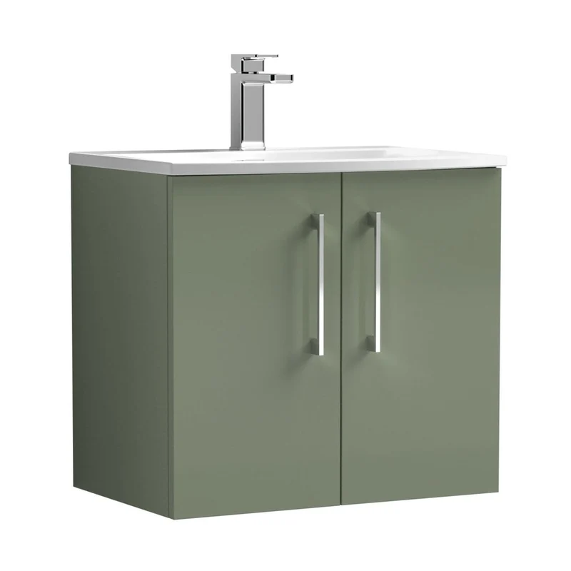 Nuie Arno 600mm Wall Hung 2 Door Vanity & Basin 4 Contemporary Satin Green MFC Painted Matt 570x610x440mm