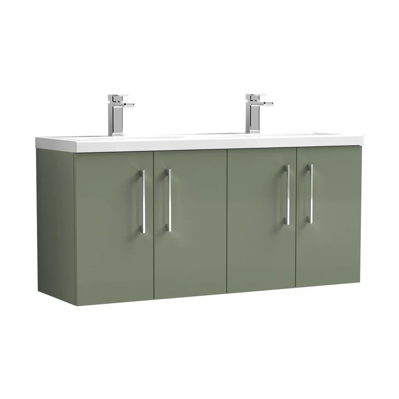Nuie Arno 1200mm Wall Hung 4 Door Vanity & Double Basin Contemporary Satin Green MFC Painted Matt 580x1205x383mm