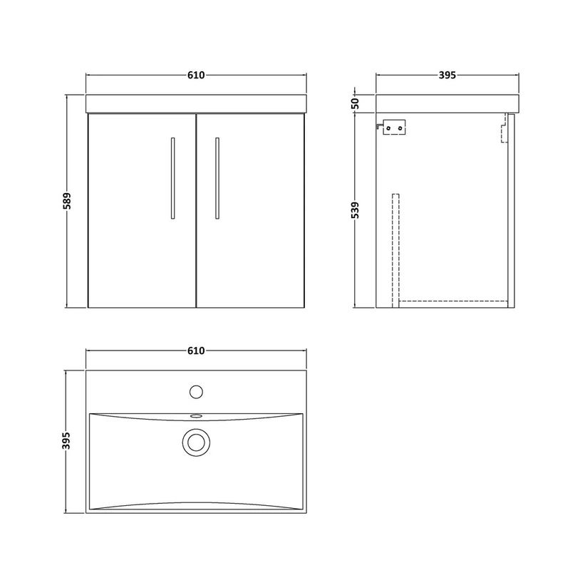 Nuie Arno 600mm Wall Hung 2 Door Vanity & Basin 3 Contemporary Satin Green MFC Painted Matt 589x610x395mm