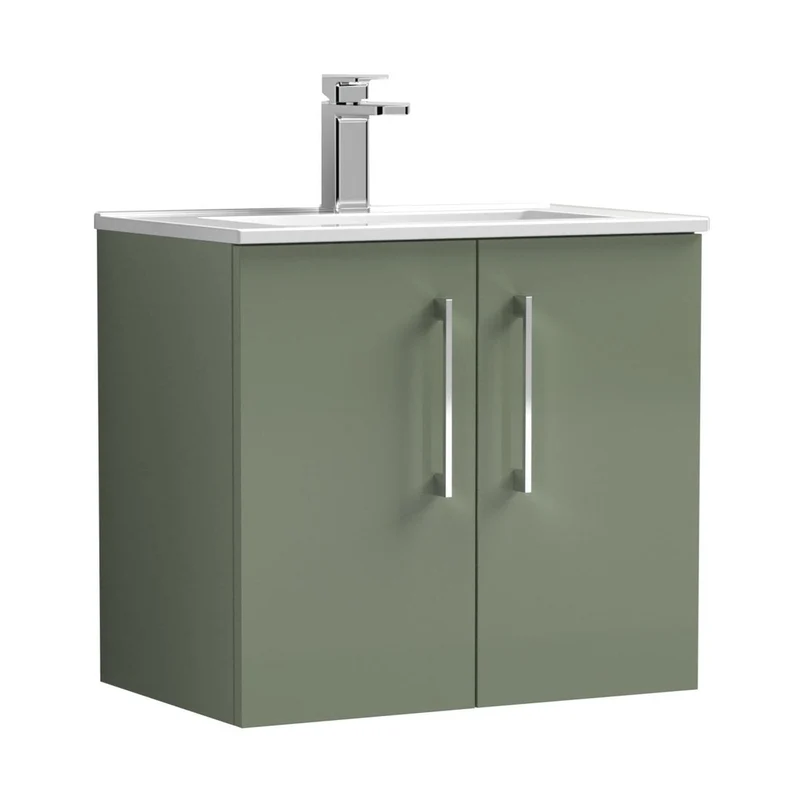 Nuie Arno 600mm Wall Hung 2 Door Vanity & Basin 2 Contemporary Satin Green MFC Painted Matt 557x600x390mm