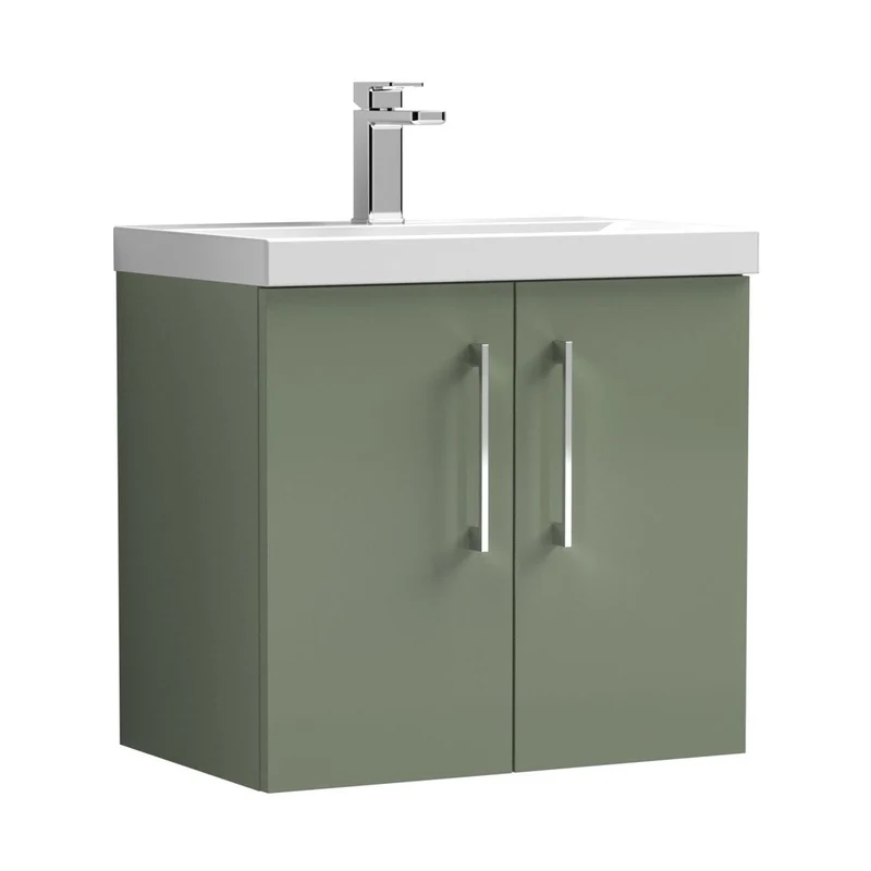 Nuie Arno 600mm Wall Hung 2 Door Vanity & Basin 1 Contemporary Satin Green MFC Painted Matt 579x610x390mm