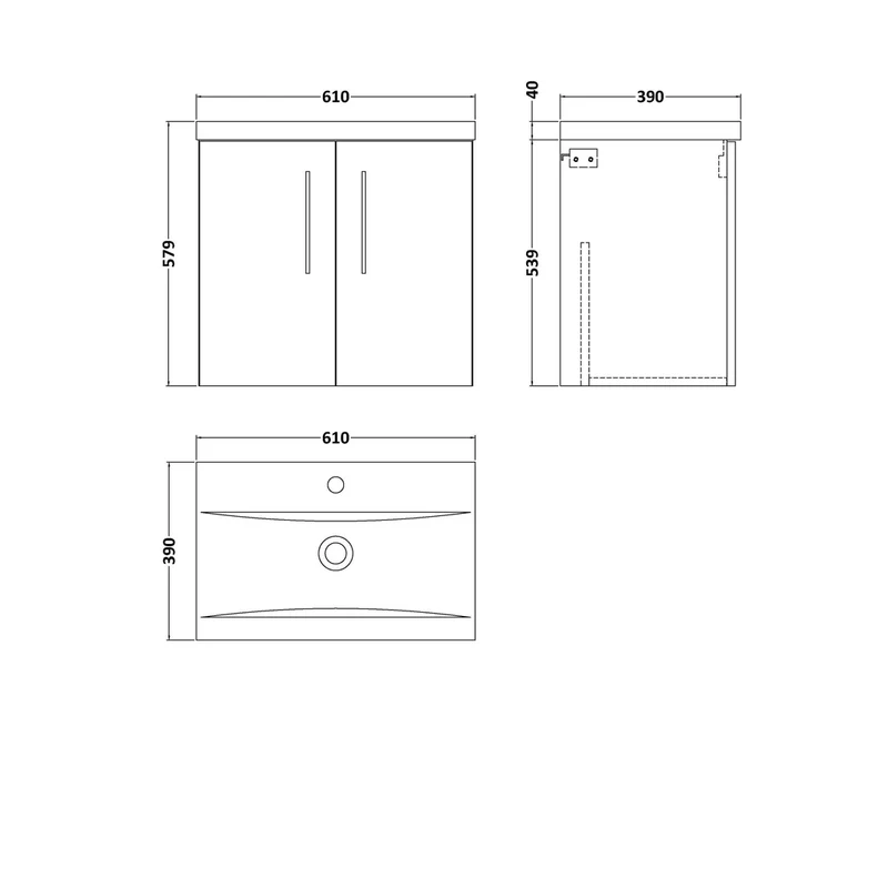 Nuie Arno 600mm Wall Hung 2 Door Vanity & Basin 1 Contemporary Satin Green MFC Painted Matt 579x610x390mm