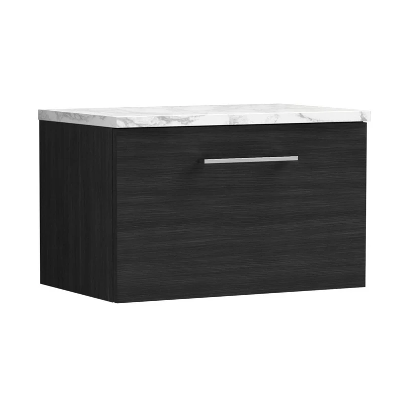 Nuie Arno 600mm Wall Hung 1-drawer Vanity & Laminate Worktop Contemporary Charcoal Black MFC Textured Woodgrain 381x605x390mm
