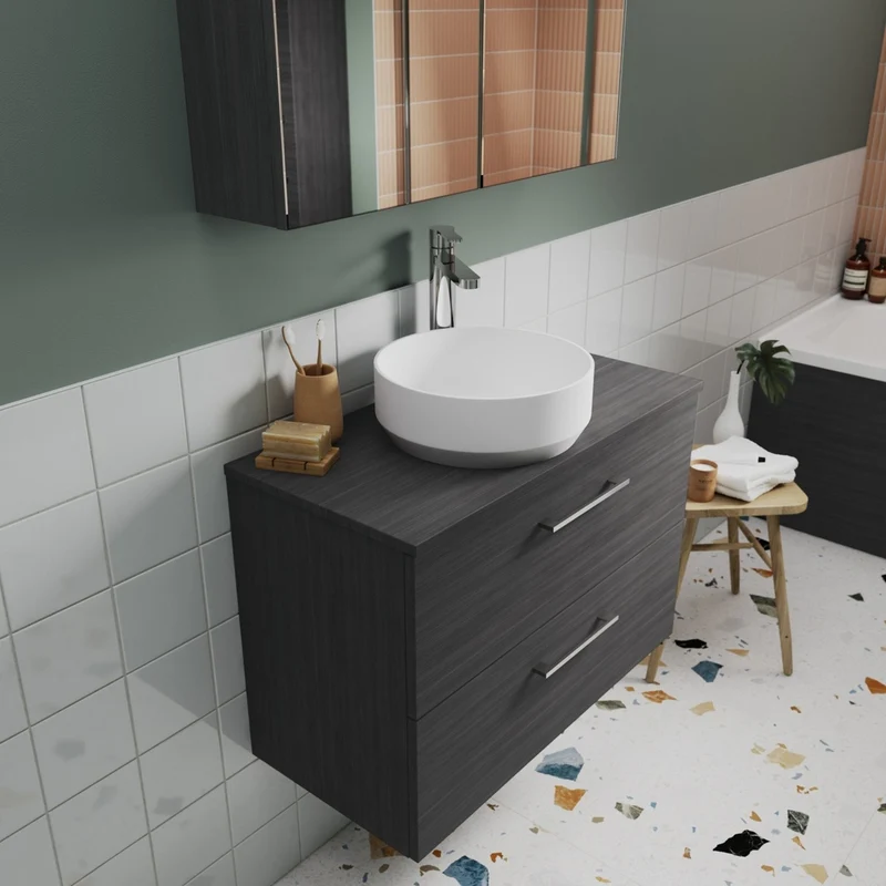 Nuie Arno 800mm Wall Hung 2 Drawer Vanity & Worktop Contemporary Anthracite Woodgrain MFC Textured Woodgrain 539x805x390mm