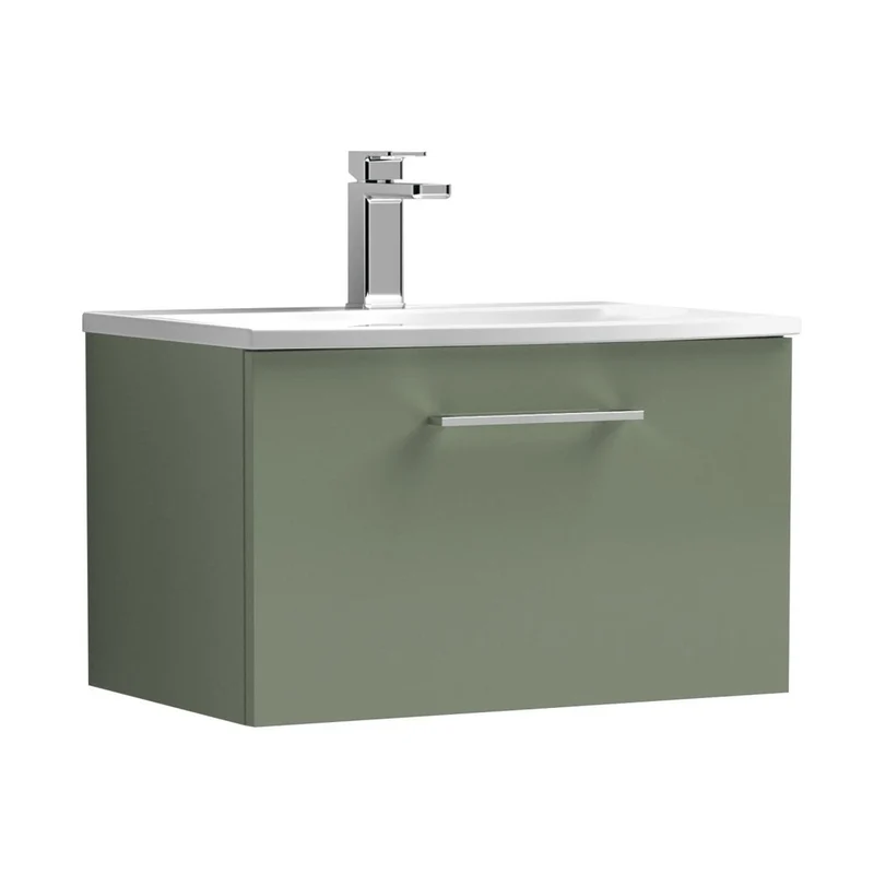Nuie Arno 600mm Wall Hung 1 Drawer Vanity & Basin 4 Contemporary Satin Green MFC Painted Matt 389x610x440mm