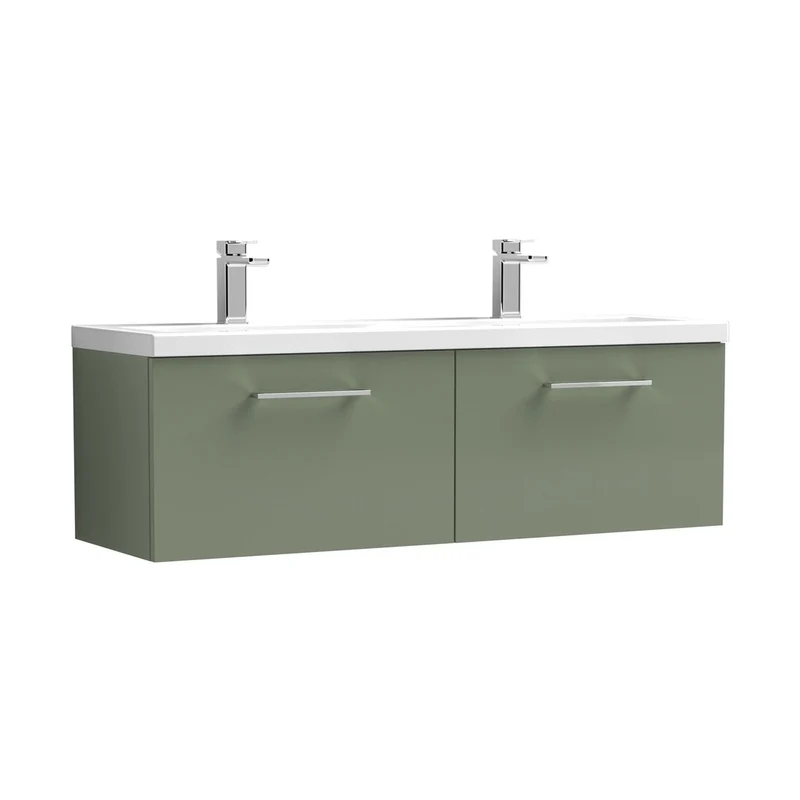 Nuie Arno 1200mm Wall Hung 2 Drawer Vanity & Double Basin Contemporary Satin Green MFC Painted Matt 399x1205x383mm