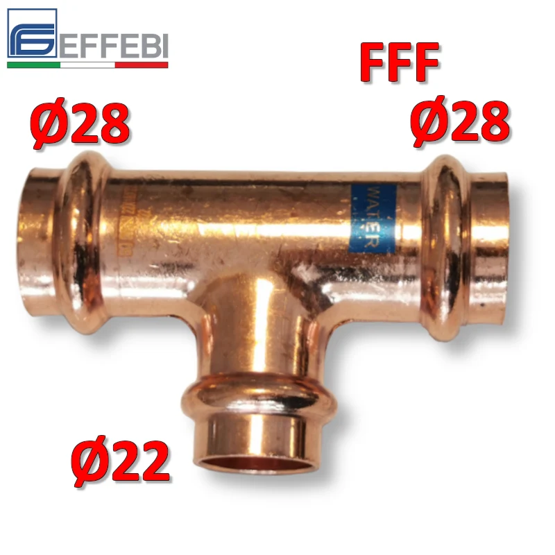 Raccord en T réduit FFF Ø 28x22x28 mm - UNICO cuivre à sertir pour eau et gaz