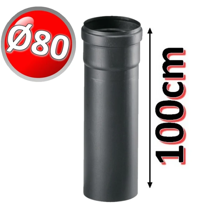 Tuyau linéaire de 100 cm en PP noir Ø 80 mm pour les gaz de combustion des chaudières à condensation