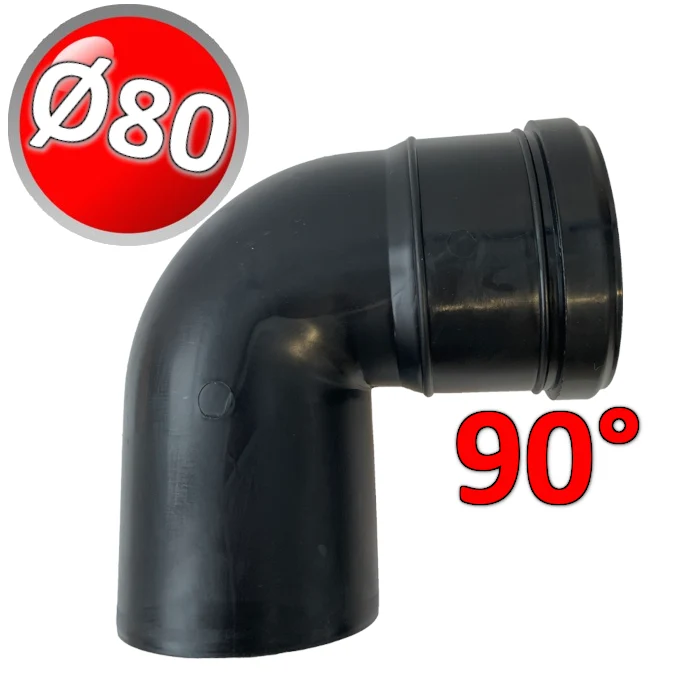 Coude mâle-femelle à 90° en PP noir Ø 80 mm pour gaz de combustion de chaudières à condensation