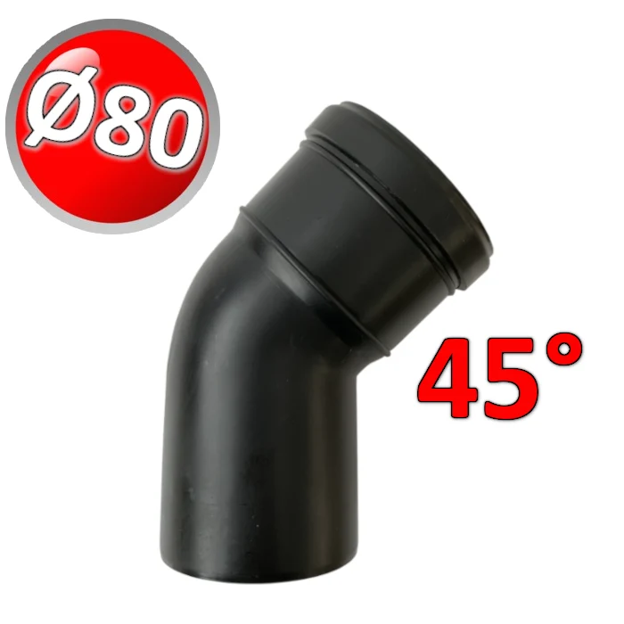 Coude mâle-femelle à 45° en PP noir Ø 80 mm pour gaz de combustion de chaudières à condensation