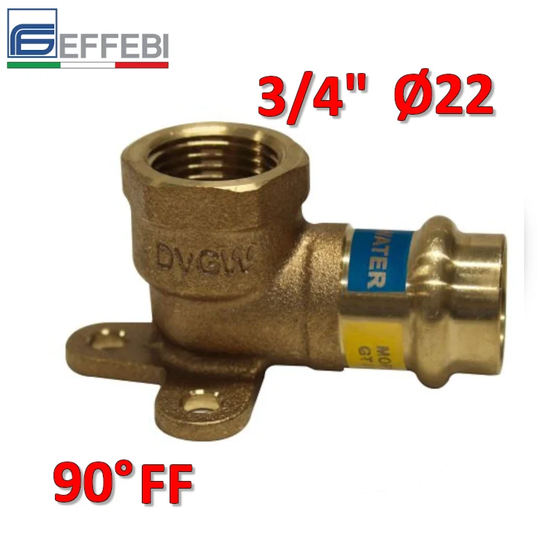 Coude en bronze à 90° avec support F 3/4'' x Ø 22 mm - Raccord en cuivre à pression UNICO pour eau et gaz