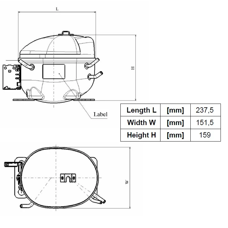 Compresseur de gaz R600a LBP 1/7 CV 8,10 cm3 Secop ACC Cubigel Elecrotolux HMK80AA