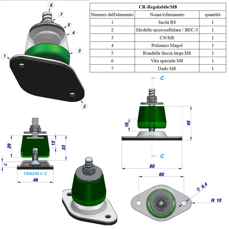 Ensemble de 4 supports anti-vibrations Megol avec base en H réglable, capacité 96 kg